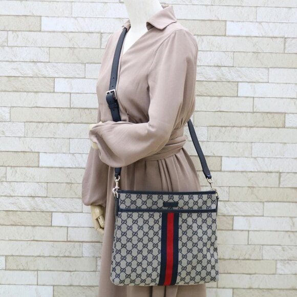 Authentic Gucci GG Supreme Ophidia Sherry Line Crossbody Bag Web Canvas Navy Tan - Picture 2 of 16